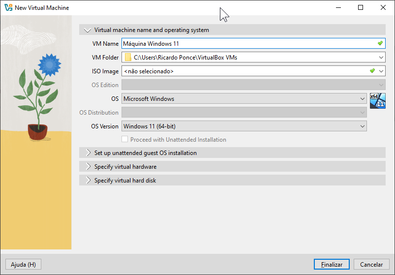 Janela de Criação de VM