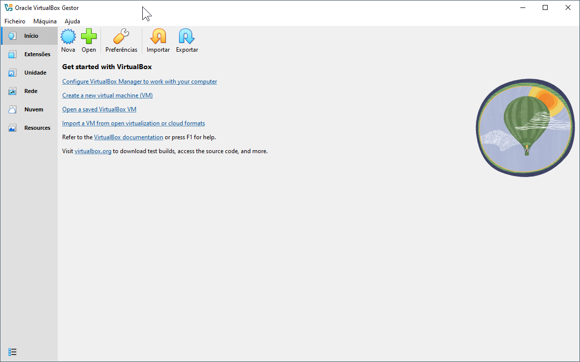 Interface do VirtualBox